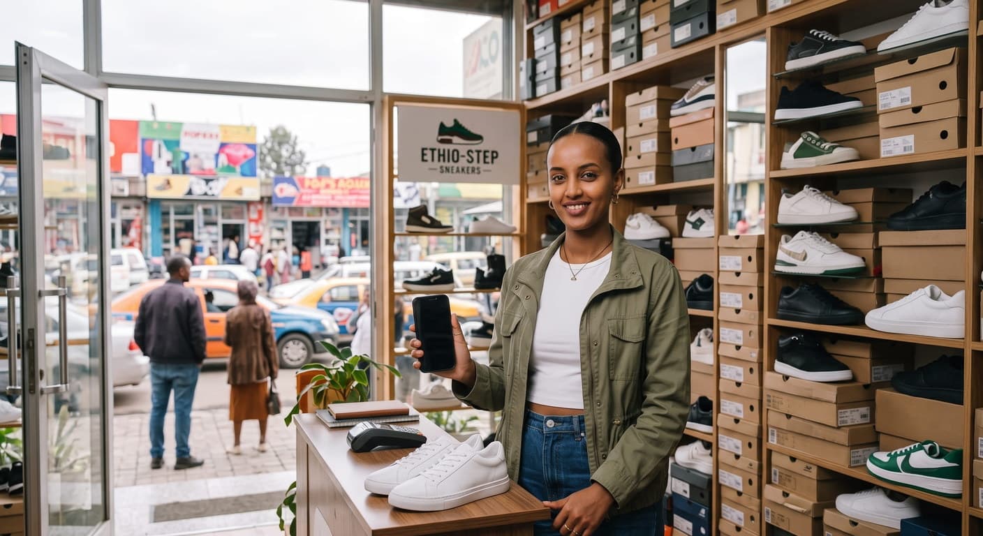 A shop owner holding a phone beside a counter of sneakers in her shoe shop
