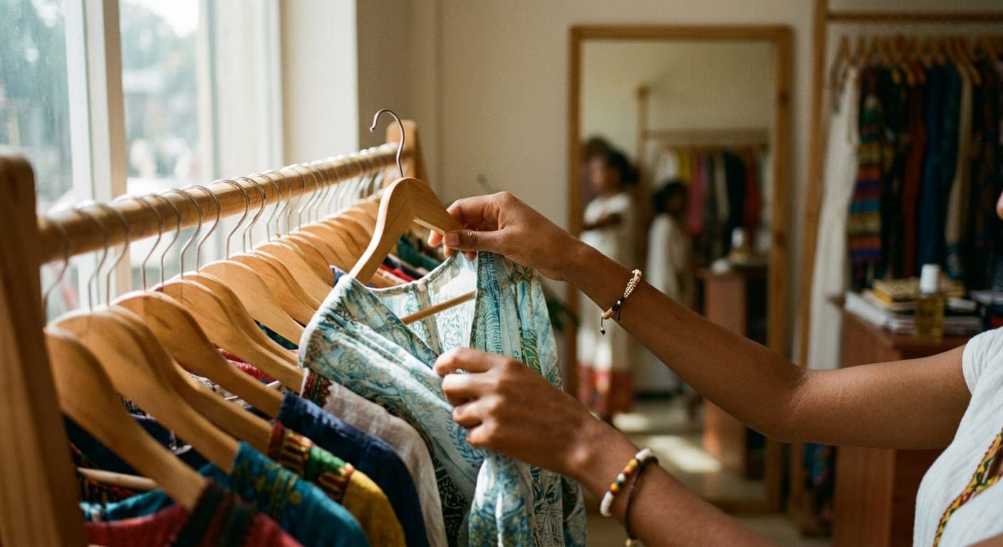 A patterned dress lifted off a rail in a clothing boutique