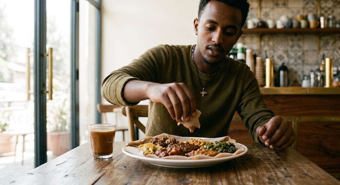A plate of Ethiopian food just set down on a cafe table