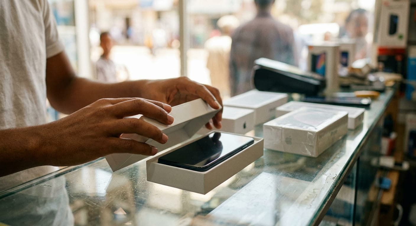 Hands opening a new smartphone box on a glass shop counter