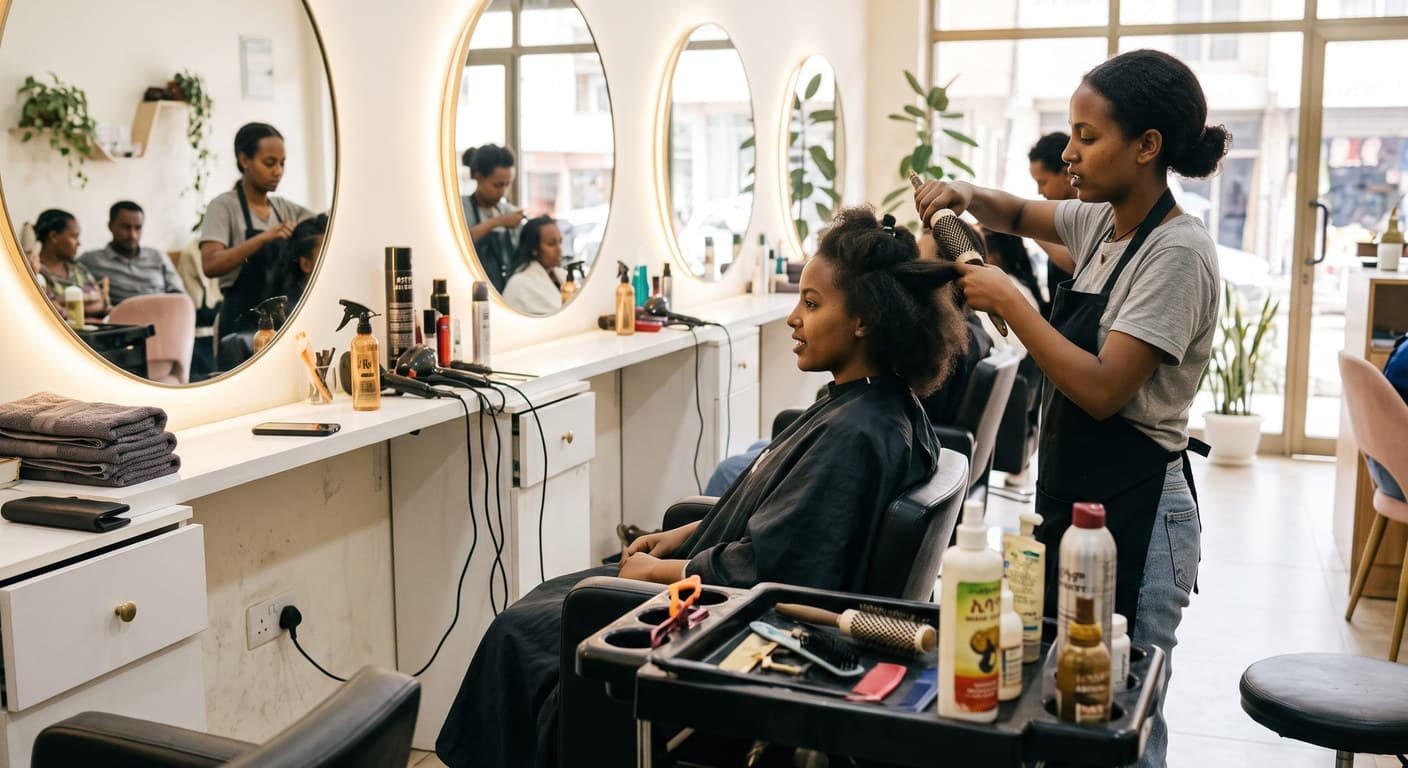 A stylist working on a seated client in a bright hair salon
